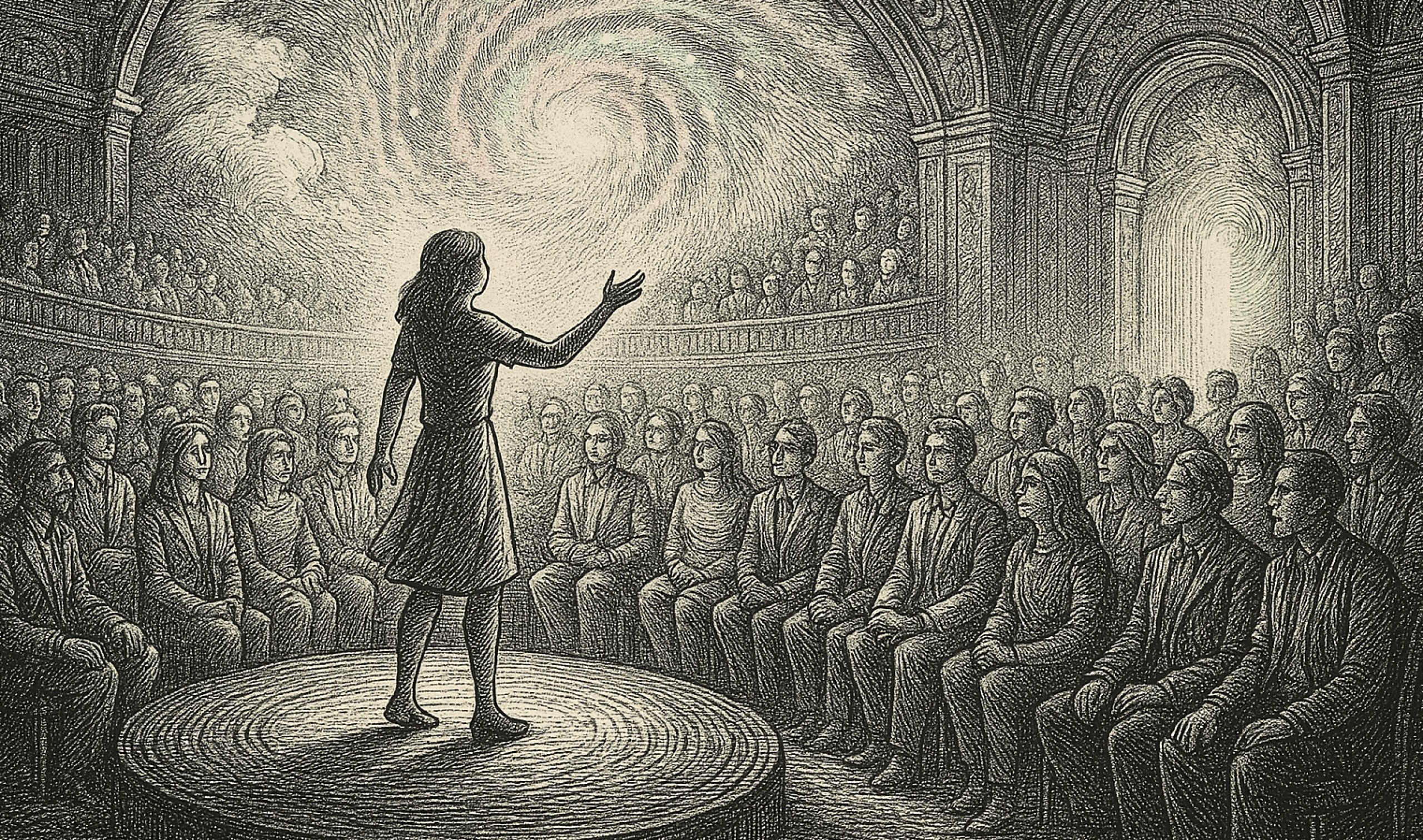 A woman speaking boldly to a crowd in a cathedral-like hall — illustration of how to be audacious in Cosmorock style.